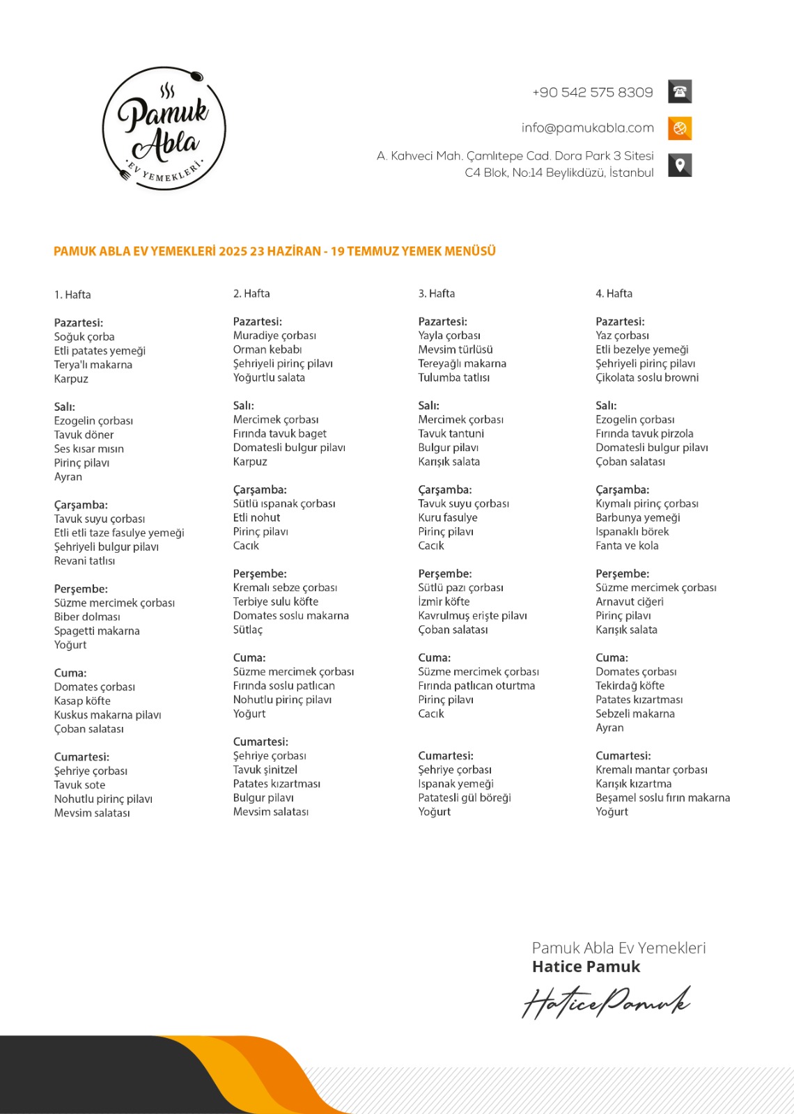 Pamuk Abla Ev Yemek Menüsü